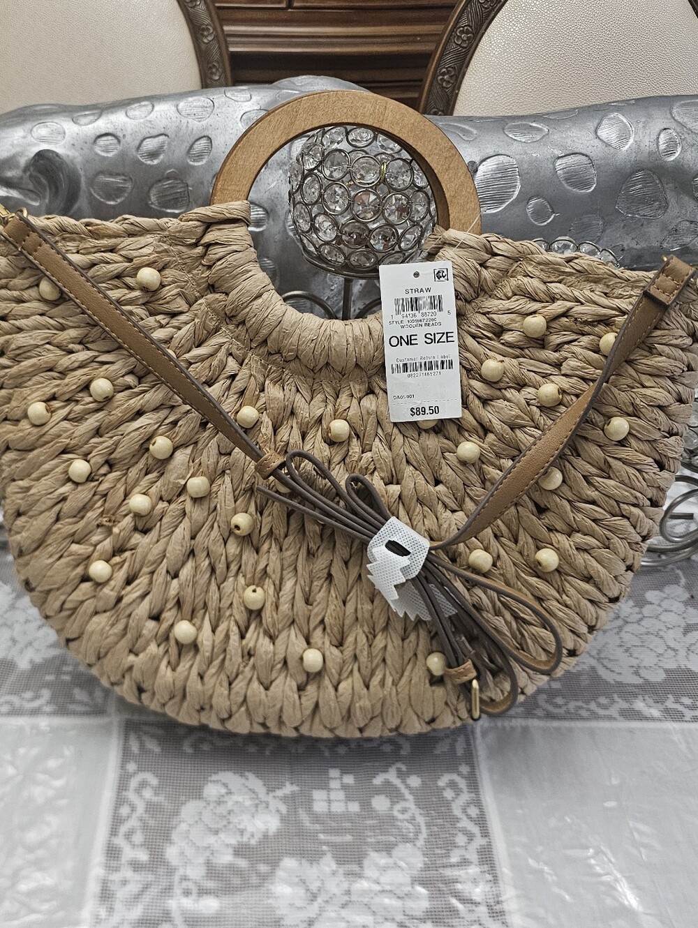 Beaded Straw Tote Crossbody